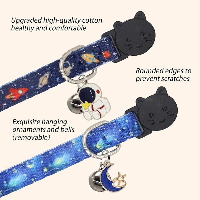 Cat Collar Breakaway, 2 Pack Cotton Cats Collars with Bells, Cute Astronaut Shaped for Girl Boy Kittens