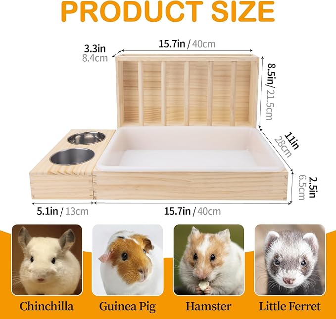 3 in 1 Rabbit Hay Feeder with Litter Box,Wooden Hay Feeder with 2 Bowls & Litter Box for Guinea Pig Chinchilla Bunny Other Small Animals,Large Capacity & Preventing Waste