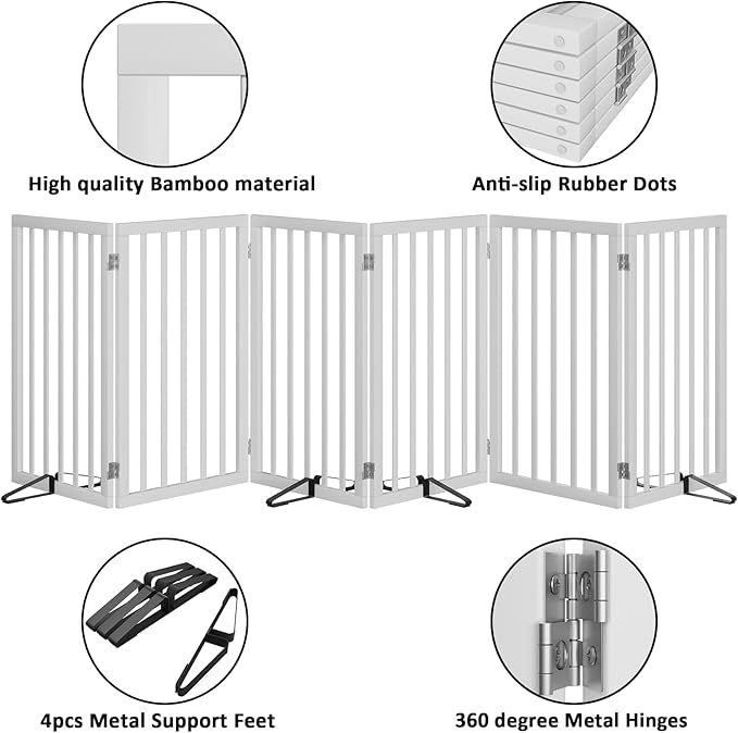 Dog Gate 32" Tall Freestanding Dog Gate for Doorways Foldable Pet Gate for Dogs Indoor (White,6 Panel)