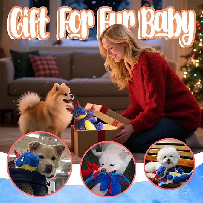 Original Blue Dinosaur Plush Dog Toy, Cute Dog Squeak Toys, Soft Stuffed Animals for Small Medium Large Dogs, Puppy Toys and Surprising Dog Birthday Gifts