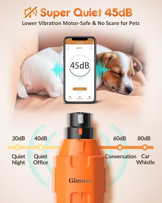 Gimars Upgrade Super Quiet Adjustable 6 Speed Powerful 12000rpm Allow All Controll Dog Nail Grinder 45 db Dual LED Light Pet Nail Grinder USB Rechargeable 3 Ports Nail File for Large Medium Small Dog
