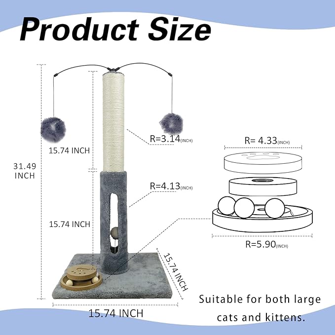 31" Cat Scratching Post Kitten Toys for Indoor Cats Interactive Scratcher with Tracking Ball, Sisal Scratch Rope for Large Cats,Sturdy Base Cat Scratch Post, (Gray, 31" H)