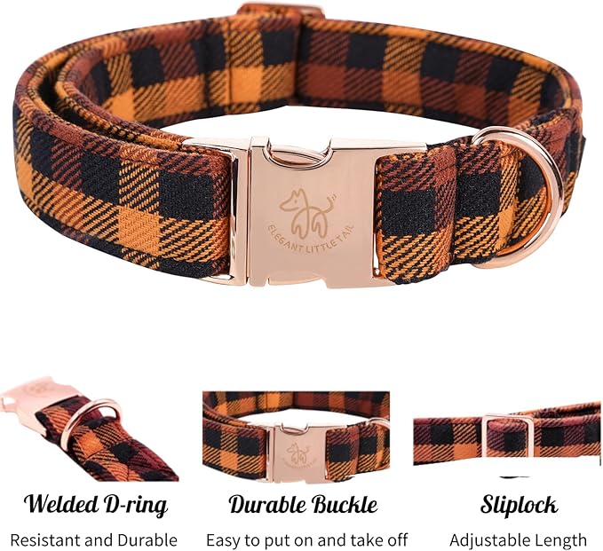 Elegant little tail Fall Dog Collar, Autumn Pet Collar Durable Yellow Plaid Dog Collars Male or Female Holiday Pet Gift Adjustable Dog Collar for X-Large Dogs