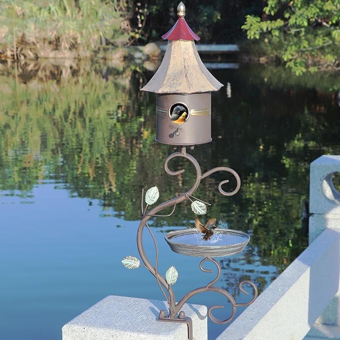 Deck Bird Bath, Metal Bird Bath and Bird Houses, Decorative Deck Mounted Bird Bath, Detachable and Adjustable Sturdy Deck Bird Bath for Outdoor Porch Yard Garden Decoration