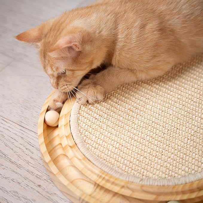 Sisal Cat Scratcher Toy with Ball Track Wooden Interactive Cat Toy for Indoor Cats Scratch Pad, Physical Exercise for Kitty and Medium Cat