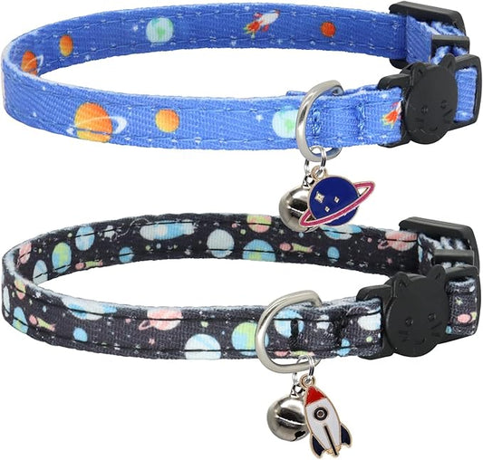 Cat Collar Breakaway, 2 Pack Cotton Cats Collars with Bells, Cute Planet Shaped for Girl Boy Kittens