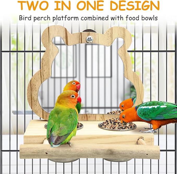 Tfwadmx Bird Parrot Wooden Feeding Cups with Wooden Platform Stainless Steel Birds Bowls Food Water Bowls with Bird Food Holder for Cockatiel Parakeet Macaw Finches Lovebirds