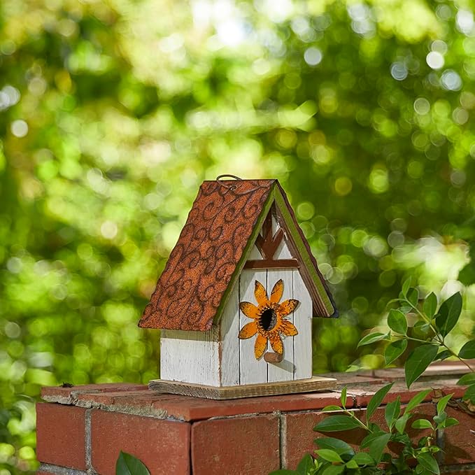Glitzhome 8.25" H Solid Wood Decorative Hanging Bird House Distressed Cottage Outdoor Garden Birdhouse with 3D Metal Roof and Flower