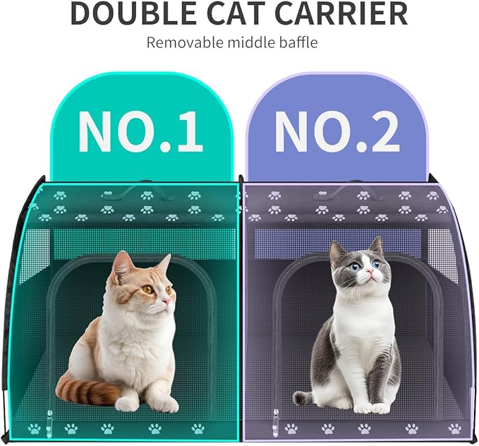 Double Cat Car Travel Carrier, Twin Compartment Show House Cat Cage/Condo,Portable Pet Crate for 2 Cats Travel Double Dog Crate Set for Long Distance Travel
