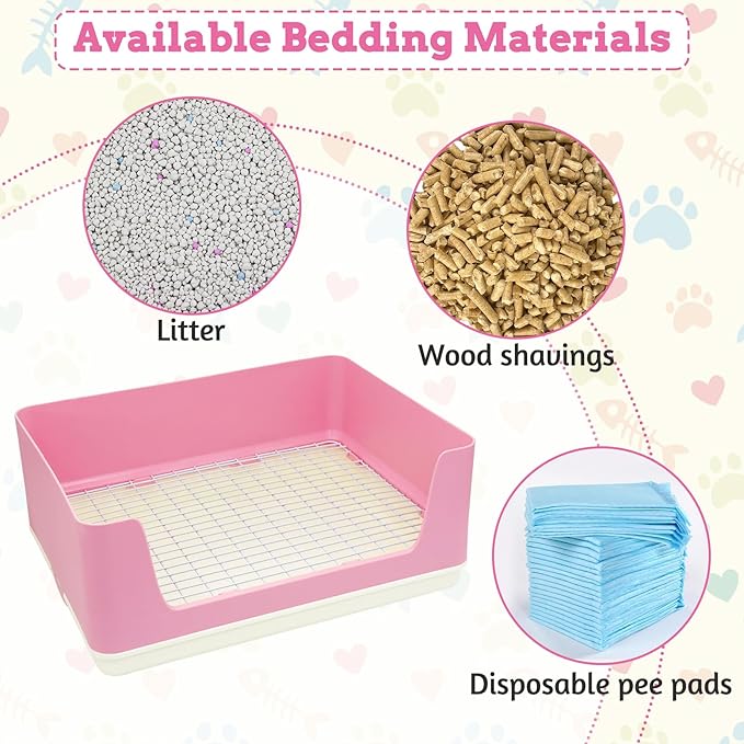 Fhiny Large Rabbit Litter Box for Cage, Plastic Guinea Pig Litter Pan with 6 PCS Disposable Pee Pads Potty Trainer Corner Toilet Box for Bunny Guinea Pigs Ferrets Chinchillas Small Animals (Pink)