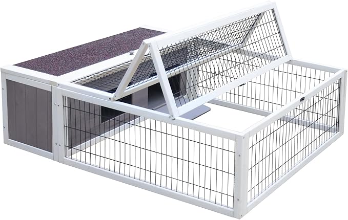 Tortoise House Habitat Wooden with Waterproof Cover, Chicken Coop with Run Rabbit Hutch Small Animal Hutch Enclosure Indoor/Outdoor-Grey + White Trim