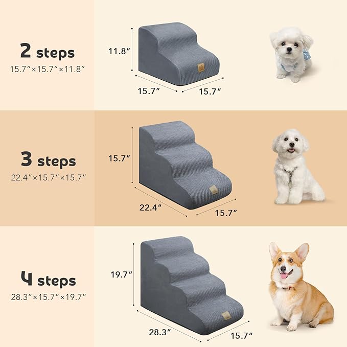 Mestuel Dog Stairs for Small Dogs, Dog Steps Ramp for Sofa Bed Couch, 3 Tiers Pet Ladder with High Density Foam &Non Slip Bottom, Holds up to 60 lbs, Gray