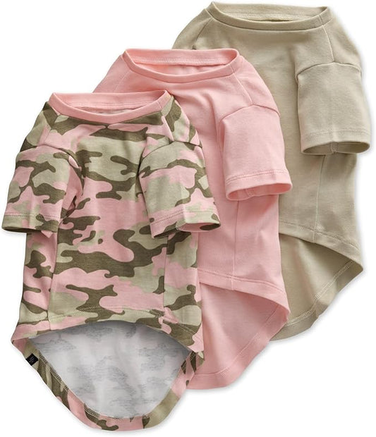 Toby II - The Perfect Tee, 3 Pack Short Sleeve Pet T-Shirt 100% Organic Cotton Tees Clothes for Small, Medium, Large Dogs, Pink Camo, XX-Small