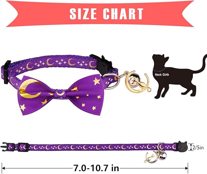 2 PCS Breakaway Cat Collar with Bow Tie and Bell Golden Moon Glowing Star in The Dark for Kitten(Black&Purple)