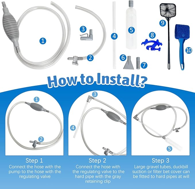 PINVNBY Aquarium Vacuum Gravel Cleaner Kit Manually Fish Tank Cleaner with Fish Net & Fixture Clamp Fish Tank Water Changer Aquarium Siphon Sand Cleaning for Various Tank Sizes