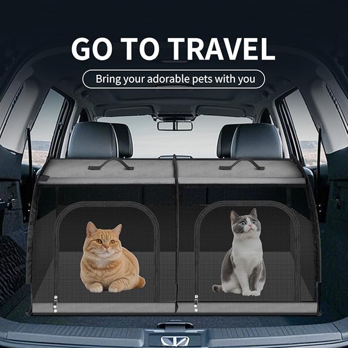 Double Cat Car Travel Carrier, Twin Compartment Show House Cat Cage/Condo,Portable Pet Crate for 2 Cats Travel Double Dog Crate Set for Long Distance Travel
