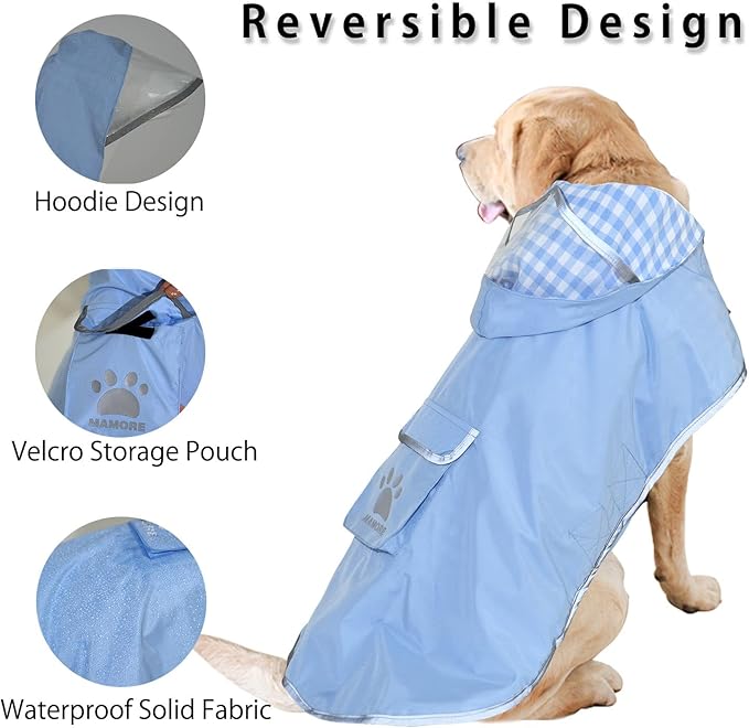 MAMORE Dog Raincoat Reversible,Waterproof Dog Rain Coat Hooded Slicker Poncho with Reflective Strip, Plaid Double Layer Rain Jacket for Small Medium Large Dogs (Light Blue, XX-Large)