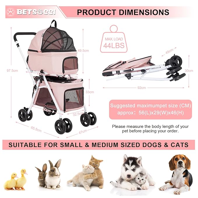 Double Dog Stroller with 2 Detachable Carrier, Portable Pet Stroller for Small Dogs & Cats Folding Lightweight Puppy Travel Carriage, 4 Wheels, Pink