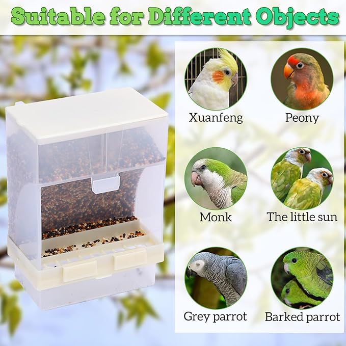 PINVNBY 2 PCS No Mess Bird Feeder, Automatic Bird Feeder for Cage, Seed Food Container Cage Accessories for Parrot Budgerigar Canary Cockatiel Finch Parakeet Green Cheek Conures Parrotlets Lovebirds