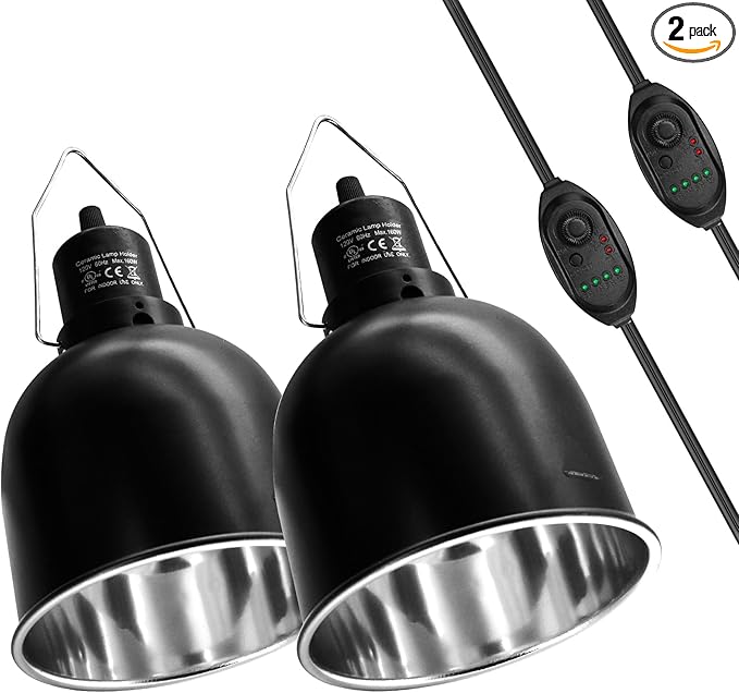 Reptile Light Fixture with Dimming Switch and Timer, 5.5 Inch Deep Dome Reptile Heat Lamp Fixture, Reptile Lamp Fixture Cap for UVB Bulb Basking Heat Bulb for Reptile Glass Terrariums, 2PCS
