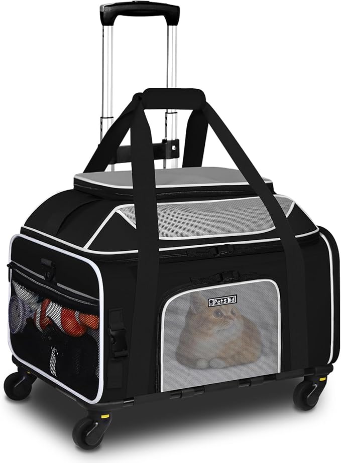 Petskd Top-Expandable Pet Carrier with Wheels 19x13x9 Inches Southwest Allegiant Airlines Approved, Soft-Sided Carrier for Small Dog Under 12 lbs and Large Cat Under 15 lbs(Black)