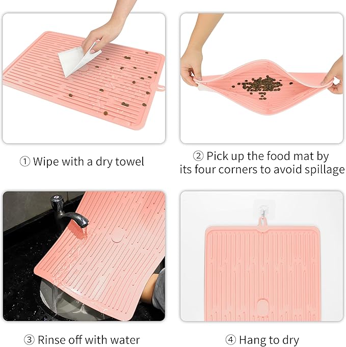 Ptlom Silicone Pet Placemat for Dogs and Cats, Non-Slip Waterproof Dog Feeding Bowl Mats for Food and Water, Small Medium Large Pet Tray Mat Prevent Residues from Spilling onto The Floor, Pink