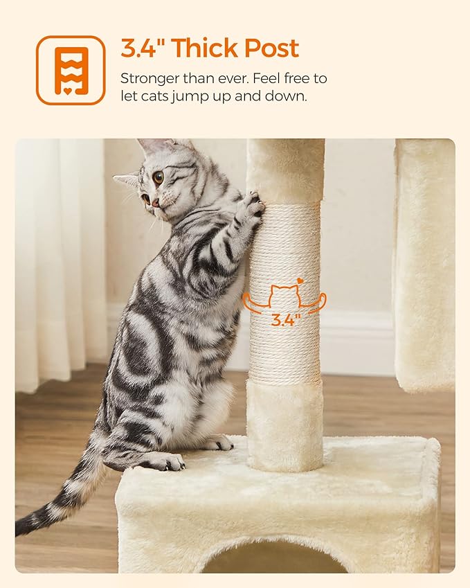 Feandrea Cat Tree, 33.1-Inch Cat Tower, L, Cat Condo for Large Cats up to 16 lb, Large Cat Perch, 2 Cat Caves, Scratching Post, Beige UPCT61M