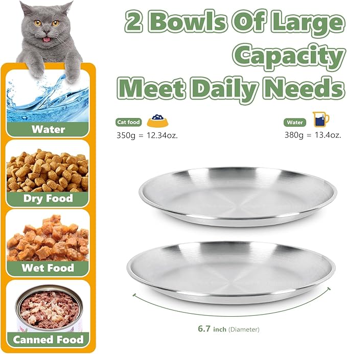 2-Pack Stainless Steel Cat Food Bowls – Shallow Whisker-Friendly Non-Slip Silicone Base,Easy to Clean Indoor Feeding Dishes(13 OZ,6.7")