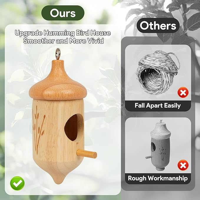 Hummingbird House, Wooden Hummingbird Houses for Outside Hanging, Humming Bird Nest Swinging, Wooden Bird Houses with Cotton, Bow, String, Gardening Gifts Decoration (3 Pack)