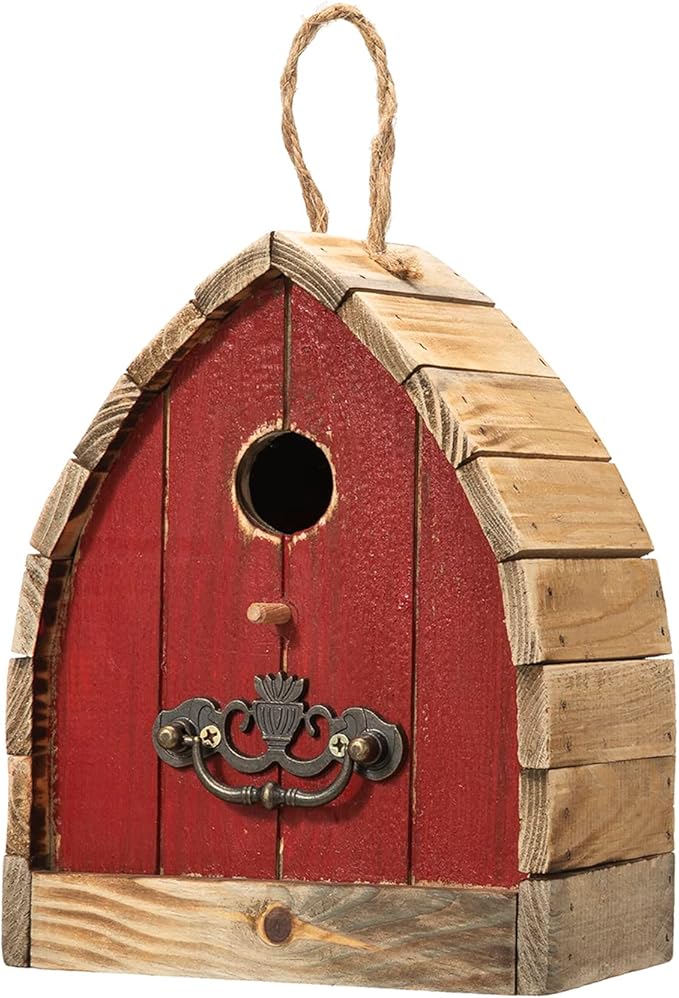 Glitzhome 8.5" H Washed Red Distressed Solid Wood Birdhouse Garden Hanging Bird House for Outdoors