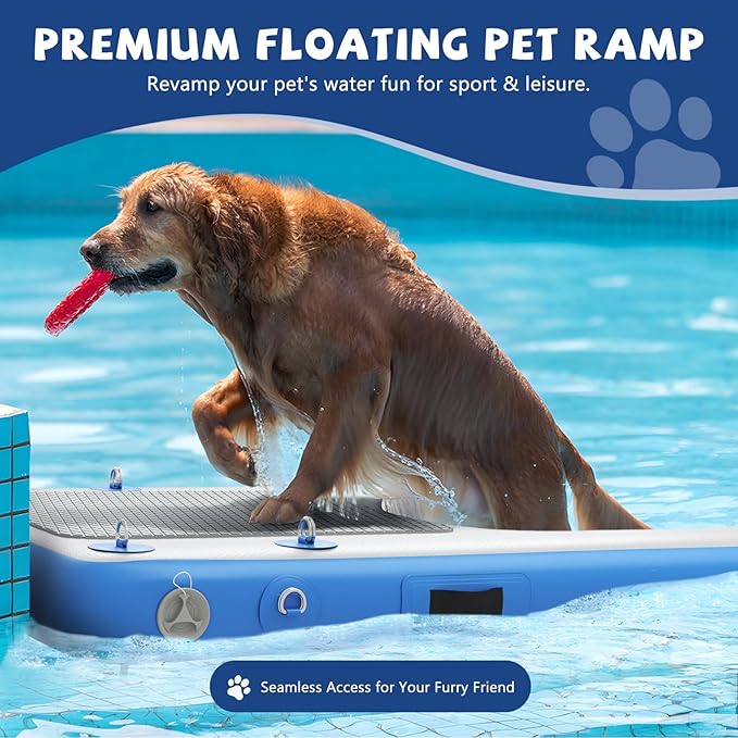 Dog Boat Ramp - Inflatable Dog Pool Ramp for Boat (60" x 35.5"), Non-Slip Water Ladder for Dock, for Pets Up to 250 lbs, Easy Access from Swim Platform, Pool or Floating Docks for Lakes, Blue