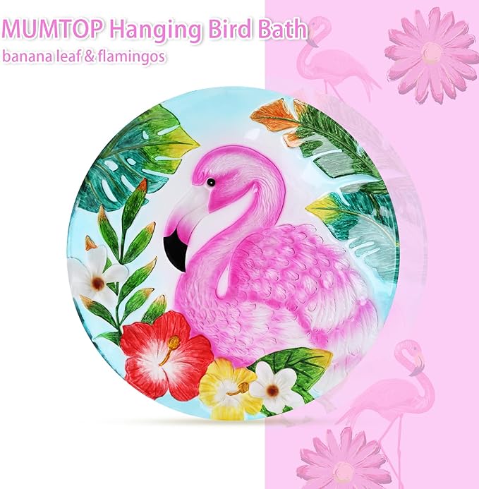 MUMTOP Hanging Bird Baths for Outdoors - Glass Bird Bath, 11 Inch Hanging Bird Bath Pink Flamingo Bird Feeder Bowl for Outside, Garden, Lawn Yard Decor