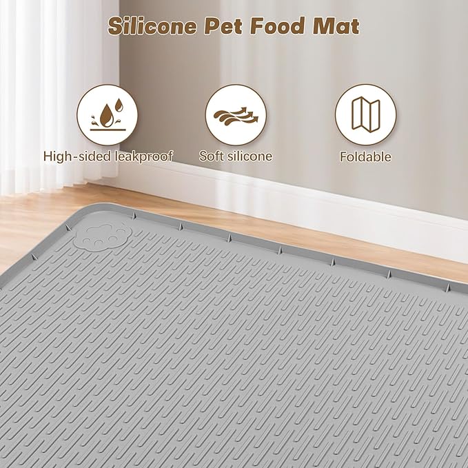 Cat Food Mat, 34" x 22" Large Silicone Pet Feeding Mat for Food and Water Bowls Non-Slip, Easy to Clean (Light Grey)