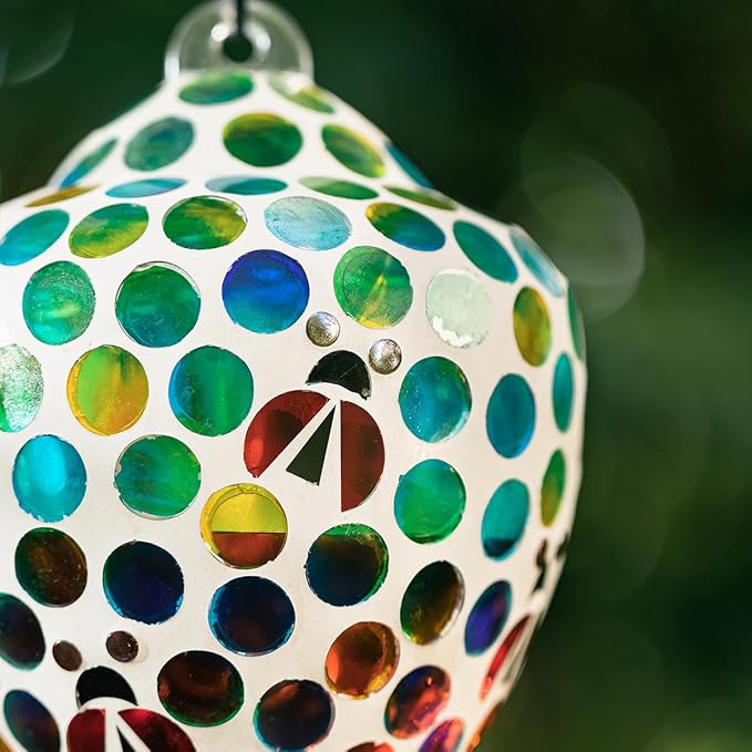 Glitzhome Wild Bird Feeder, 8.25" H Glass Hanging Blue/Green Dots & Ladybugs Mosaic Birdfeeder for Garden, Yard, Backyard, Deck and Porch Decorations