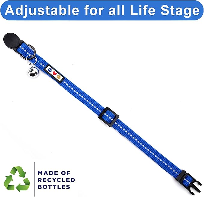 Pawtitas Recycled Cat Collar with Reflective Stitched and Safety Buckle Removable Bell Reflective Cat Breakaway Collar Made from Plastic Bottles - Blue Ocean Cat Collar.