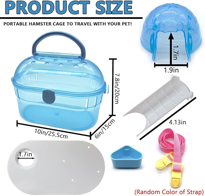 Portable Hamster Cage Syrian Hamster Carry Travel Cage with Water Bottle Food Bowl Adjustable Strap Small Animals Outgoing Cages for Gerbil Squirrel Guinea Pig Chinchilla Hedgehog Blue