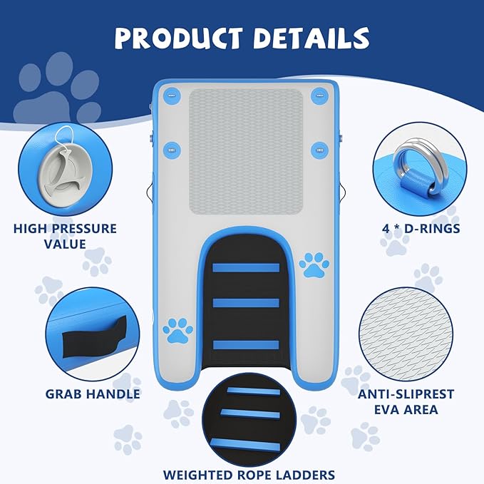 Dog Boat Ramp - Inflatable Dog Pool Ramp for Boat (60" x 35.5"), Non-Slip Water Ladder for Dock, for Pets Up to 250 lbs, Easy Access from Swim Platform, Pool or Floating Docks for Lakes, Blue