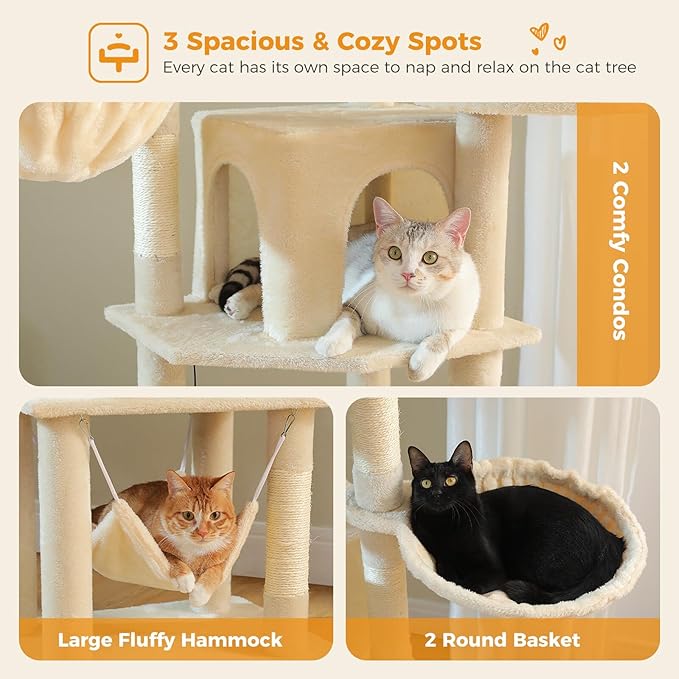 Tall Cat Tree for Indoor Cats Large Adult, 71.2" Multi-Level Cat Tower with 2 Spacious Condos, 3 Hammocks, Super Large Top Perch, 2 Pompoms, Beige