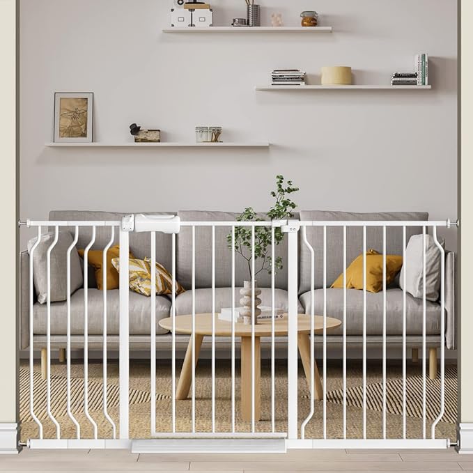 TSAYAWA Walk Through Baby Gate with Door, 53-57.48 Inch Wide Presure Mounted No Drill Metal Auto Close Child Gate for Stair Doorway - Indoor Outdoor Safty Gate for Toddler Dog Doggie, White