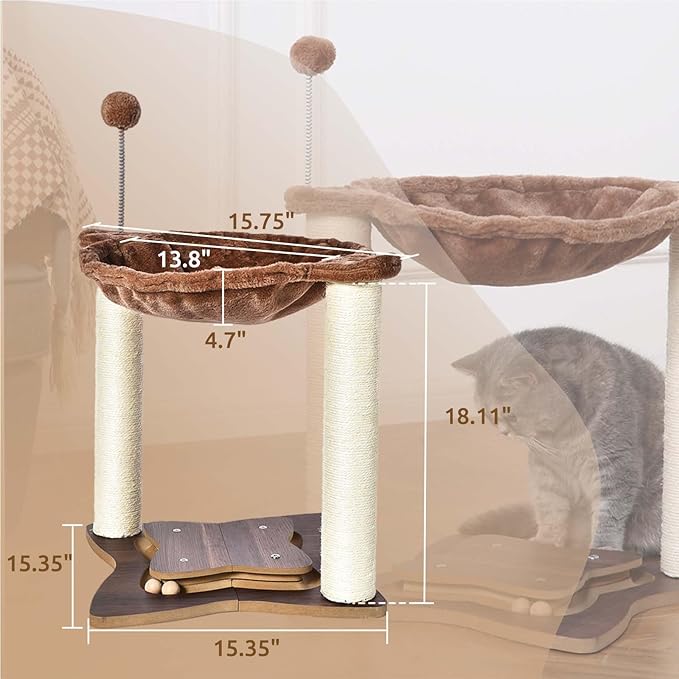 Simple Deluxe Small Cat Tree Tower with Scratching Post, 4-in -1Cat Tree with Hammock,Dangling Ball,Natural Sisal Cat Scratcher,Wooden Interactive Track Ball Base for Indoor Kittens,18inches