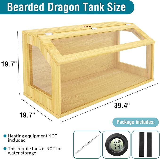 67 Gallon Reptile Tank, Wooden Bearded Dragon Terrarium Tank with Top Ventilation, Large Reptile Enclosure for Snake, Lizard, and Leopard Gecko, Includes Feeding Tongs, 40" L x 20" W x 20" H