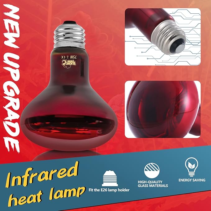 LUCKY HERP Infrared Heat Lamp 75W 2 Pack๏ผReptile & Amphibian Basking Spot Light Bulbs, Red Heat Lamp Bulbs for Reptiles, Bearded Dragon, Turtle, Lizard, Snake, Chicken