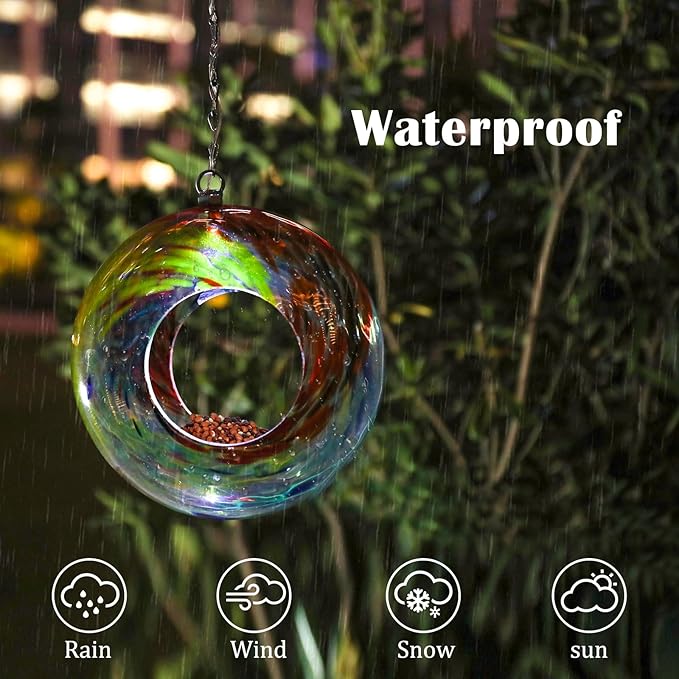 VCUTEKA Bird Feeder Solar Fly Through Bird Feeders for Outside Hanging with Round Shape Glass Container to Attract Wild Birds for Garden Decor, Solar Birdfeeder as Gift for Lovers, Red 8-Inch