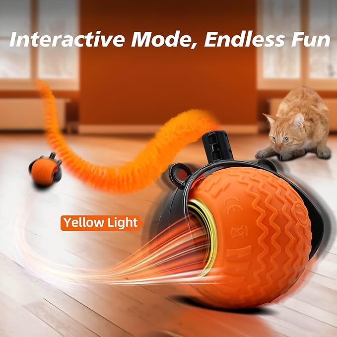 Interactive Cat Toy for Indoor Cats, Speedy Ball with Tail, Automatic Moving Cat Balls for Bored Indoor Adult Cats, 360°Automatic Rolling Ball Toy, Two Speed Adjustment(Orange)
