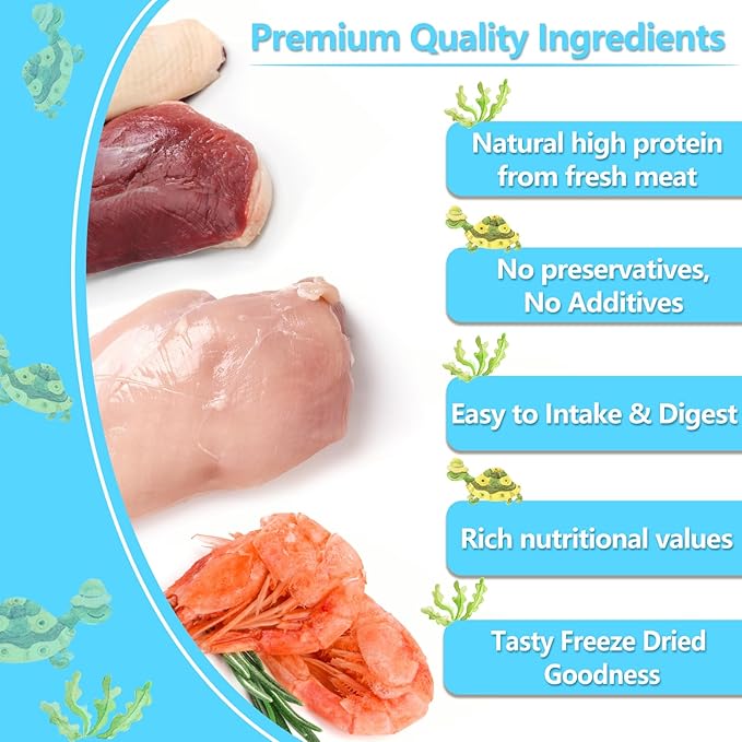 Turtle Food - 5.7 OZ Natural Freeze-Dried Meat - Chicken, Duck, and Shrimp - Healthy Treats for Turtles, Aquatic Turtle, Baby Turtles