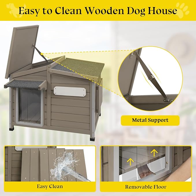Dog House Outdoor Weatherproof Large Wooden Dog Kennel Indoor with Chew-Proof Iron Frame, Removable Floor, and Adjustable Window for Medium Dogs (Grey, 43.5" D x 29.5" W x 33.5" H)