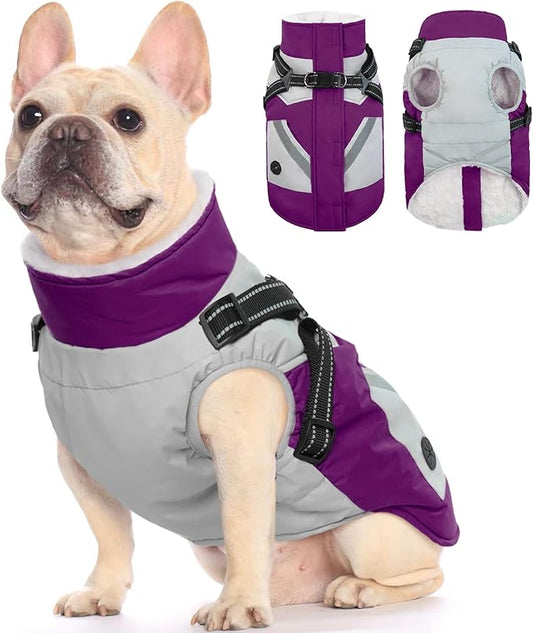 FUAMEY Dog Winter Jackets for Medium Dogs,Dog Coat with Harness Built in,Waterproof Dogs Snowsuits Warm Pet Jacket Zip Up Fleece Cold Weather Coats Reflective Puppy Vest with Pocket Purple M