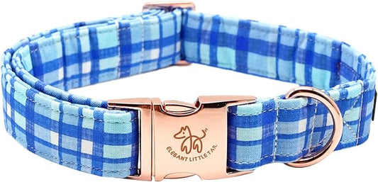 Elegant Little Tail Blue Plaid Pattern XL Dog Collar, Unique Seasonal Design, Adult Large Dogs
