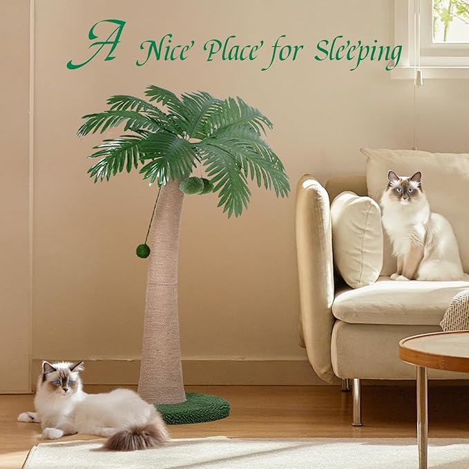 43 Inches Tall Cat Scratching Post for Large Cat, Coconut Tree Shaped Sisal Scratcher for Indoor Cat with 3 Pompoms