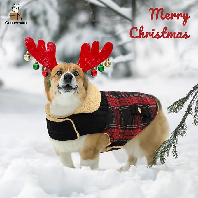 Queenmore Dog Winter Coat Warm Dog Jacket for Cold Weather, Quilting Puffer Plaid Coats for Small/Medium Dogs Waterproof,Girl/Boy Pet Christmas Coat,Pet Snowsuit with Leash Hole/Fleece Padding, XL